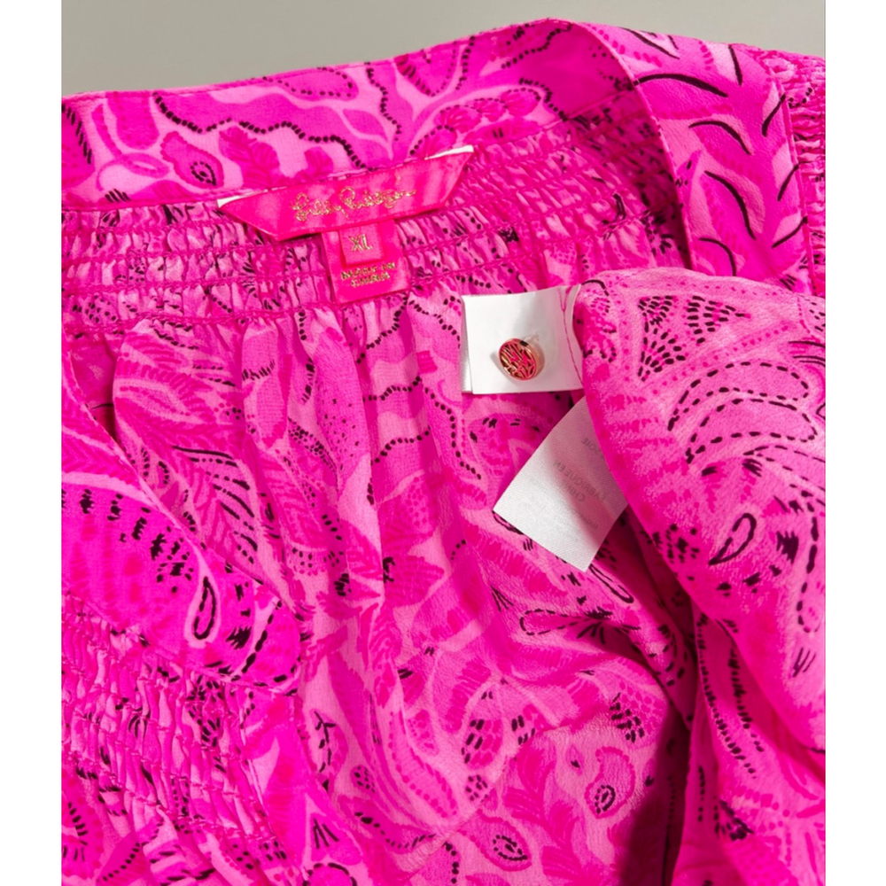 Lilly Pulitzer Womans Top Pink Black Floral Silk Blouse XL Resort Summer - Picture 2 of 7